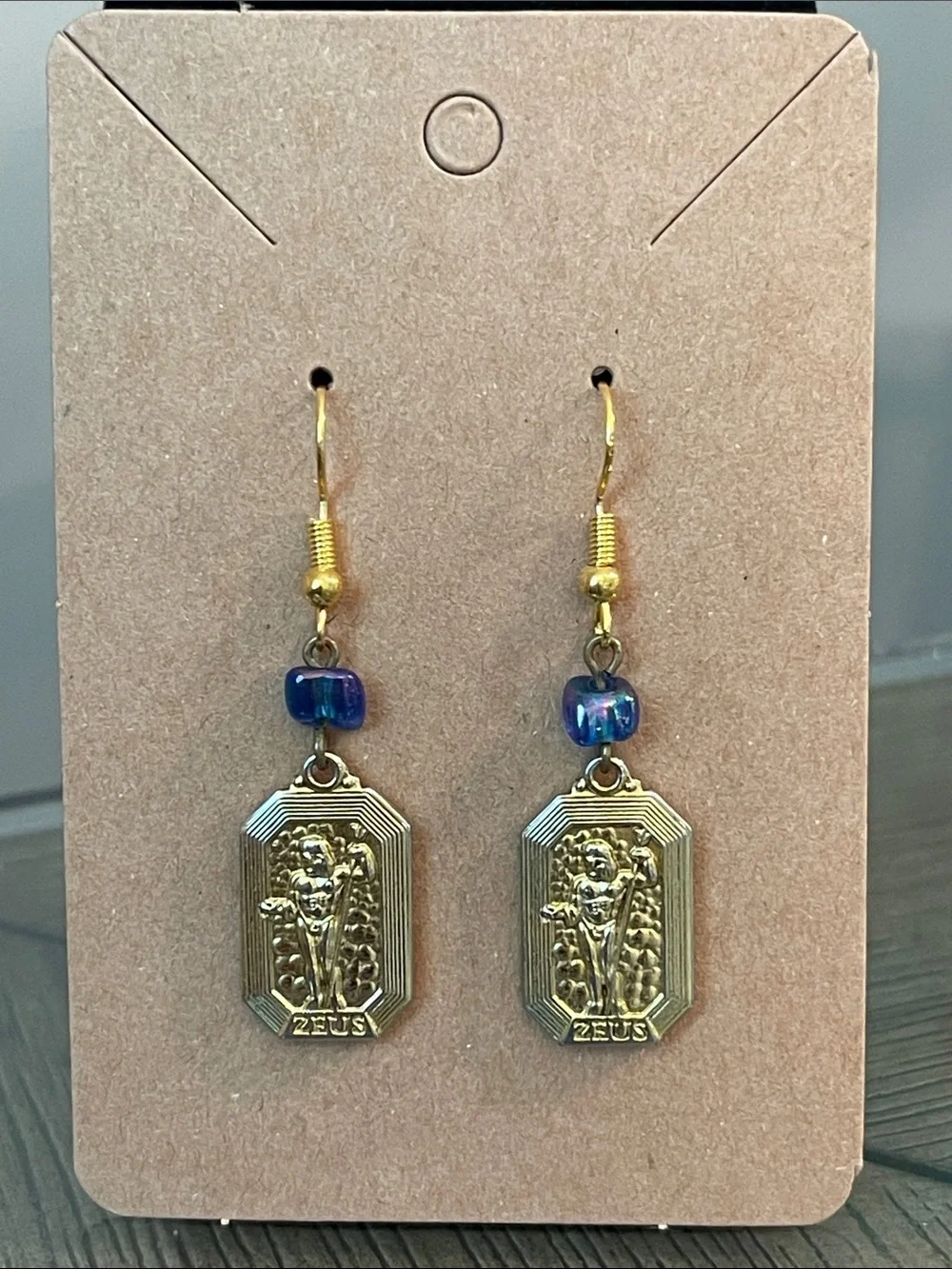 Vintage Gold-tone Rectangular Zeus Medallion Dangle Earrings